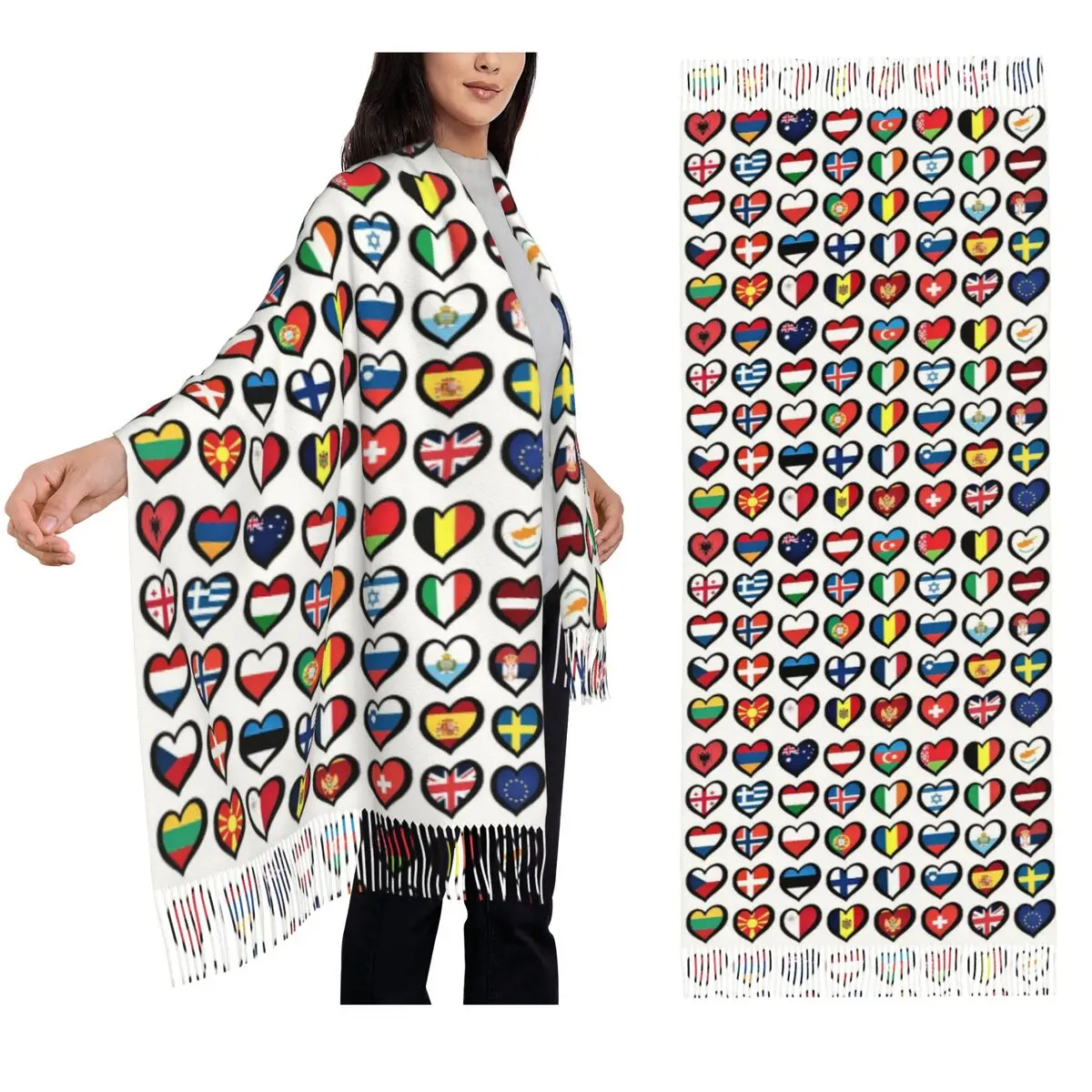 

Eurovision Song Contest Flags Hearts ESC Scarf Tassel Scarves for Women Soft Warm Shawls and Wraps Long Fall Winter Shawl Wrap