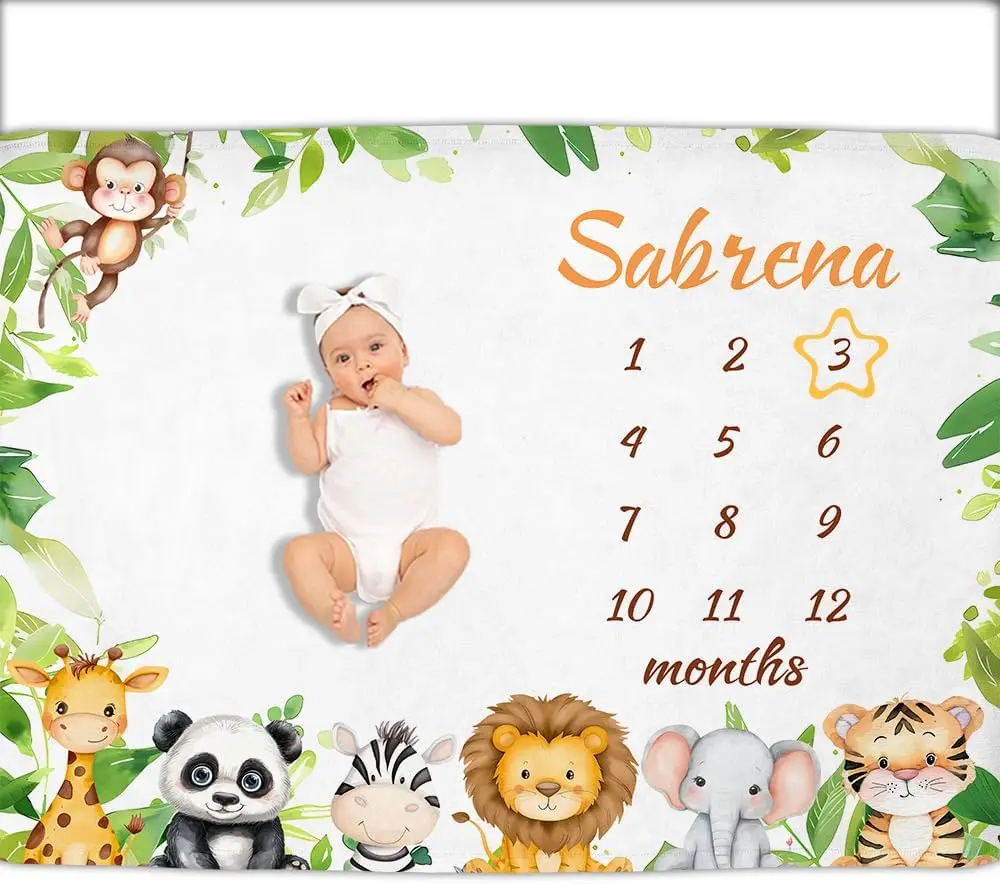 VIKAMA Baby 100 يوم معلم صور الدعامة بطانية ديكور، تقويم مخطط نمو حديثي الولادة، بطانية معلم شهرية، تصميم كرتوني