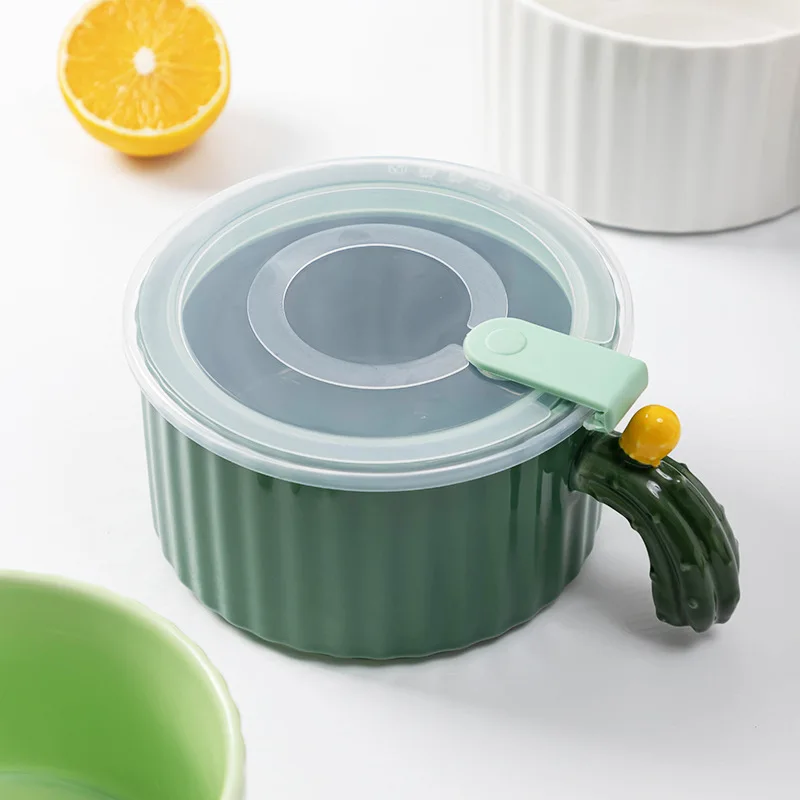 

Керамическая миска для лапши кактуса с крышкой, большая чашка для завтрака для студентов, офисных работников, общежития