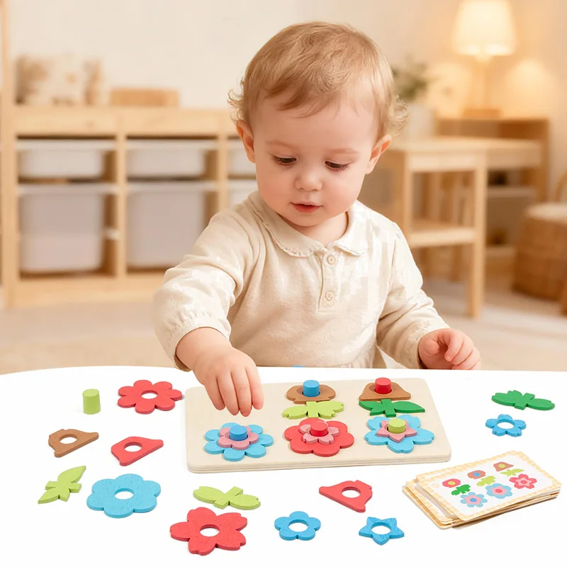 Montessori DIY Wooden Flower Puzzle Board Game With Cards Shape Color Cognition & Matching Geometric Educational Toy For Kids