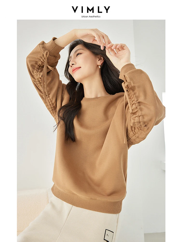 Vimly 2023 Winter Thick Warm Sweatshirt Female Solid O-neck Straight Loose Pullovers Office Lady Long Sleeve Top for Woman M3879