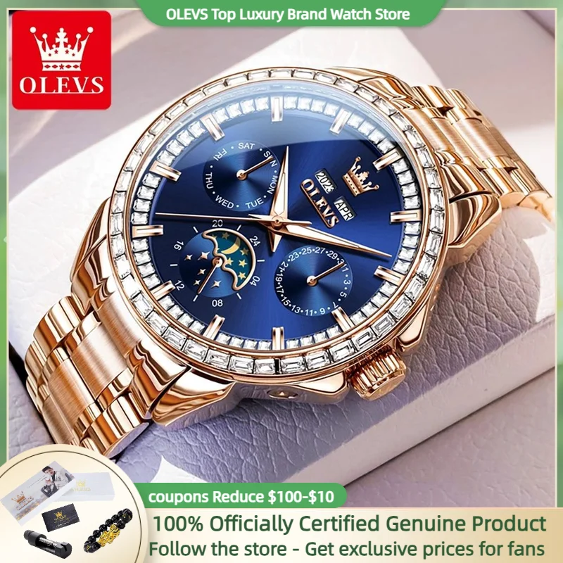 OLEVS Fully Automatic Mechanical Watch for Men Multi-function Moon Phase Waterproof Elegant Rose Gold Wristwatches 2024 NEW