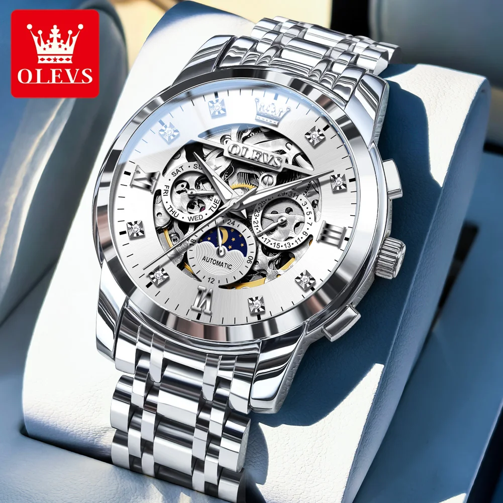 

OLEVS 6721 Automatic Mechanical Wristwatch for Man Skeleton Stainless Steel Strap Luminous Business Men's Watches Luxury