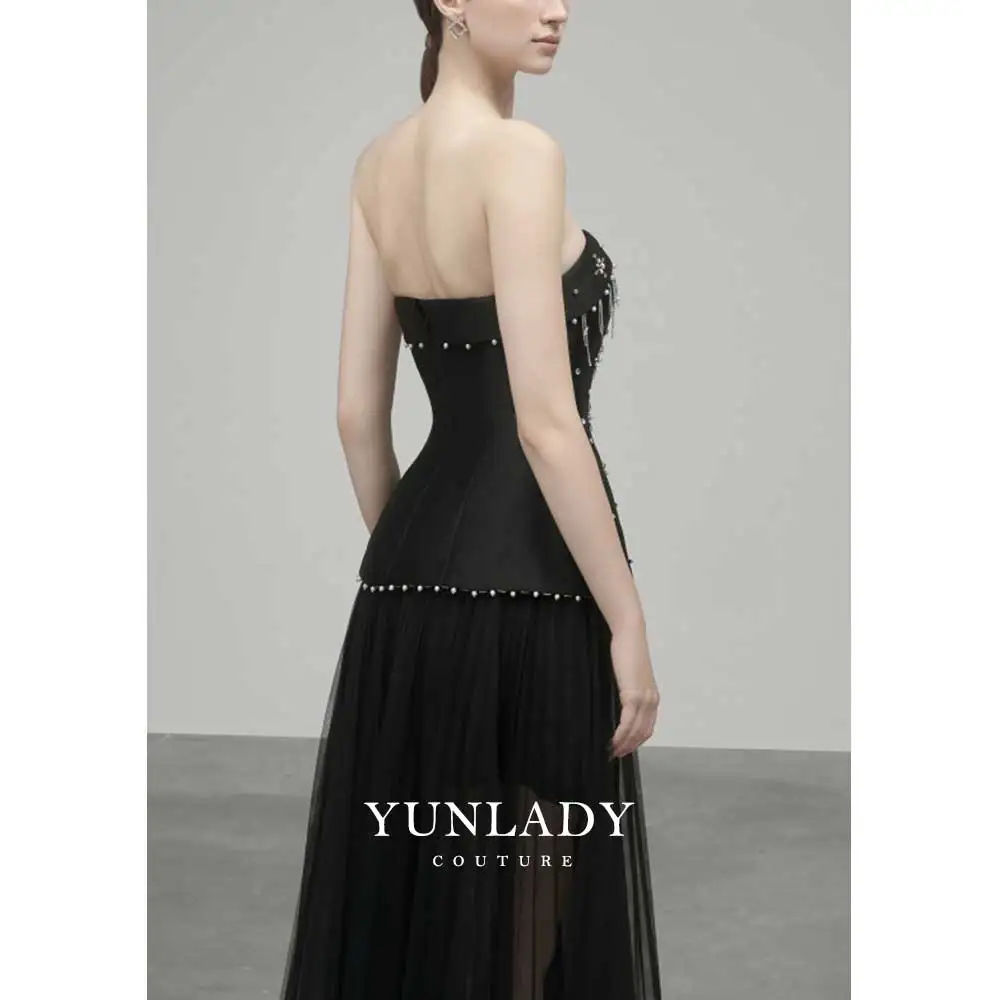 YUNLAN Luxurious Black Satin Strapless Evening Dress 2024 Dubai Wedding Guest Sleeveless Midi Skirt Home Reunion Party Dress