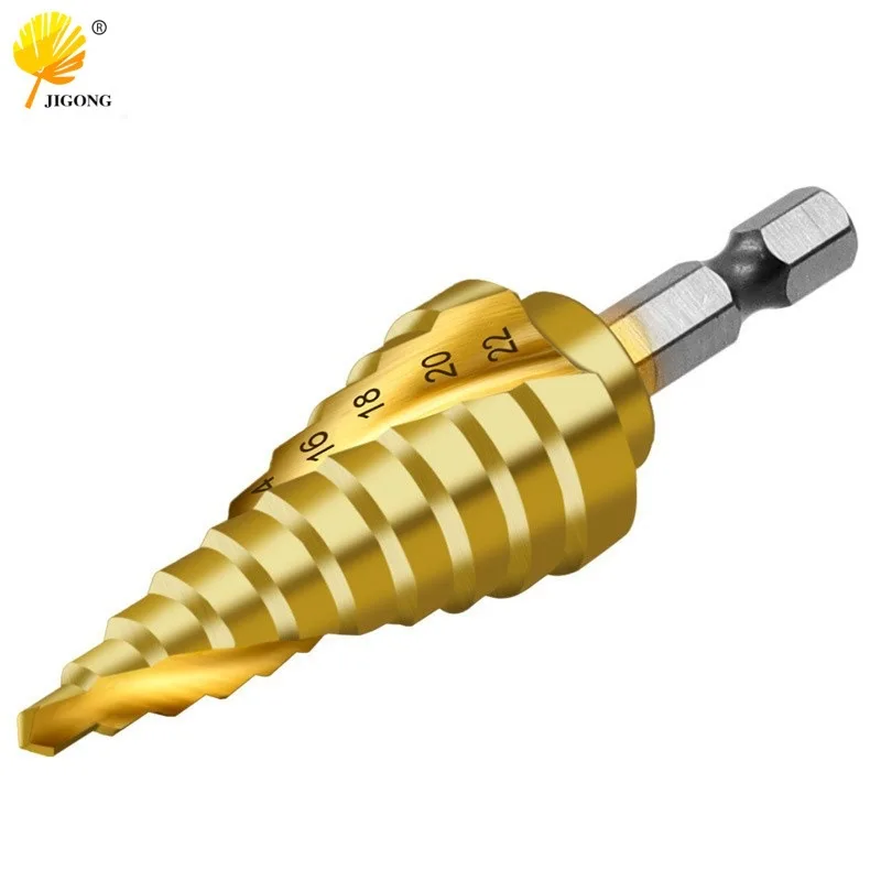 Titanium-plated spiral groove 4-22mm hexagonal shank, pagoda drill step drill bit, bearing steel reamer drill hole opener