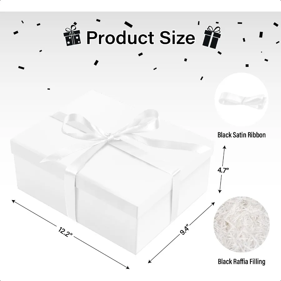 White Gift Box with Lid for Present Large Collapsible Gift Box with Filler Paper Ribbon for Birthday Anniversary 12.6x9.8x4.9