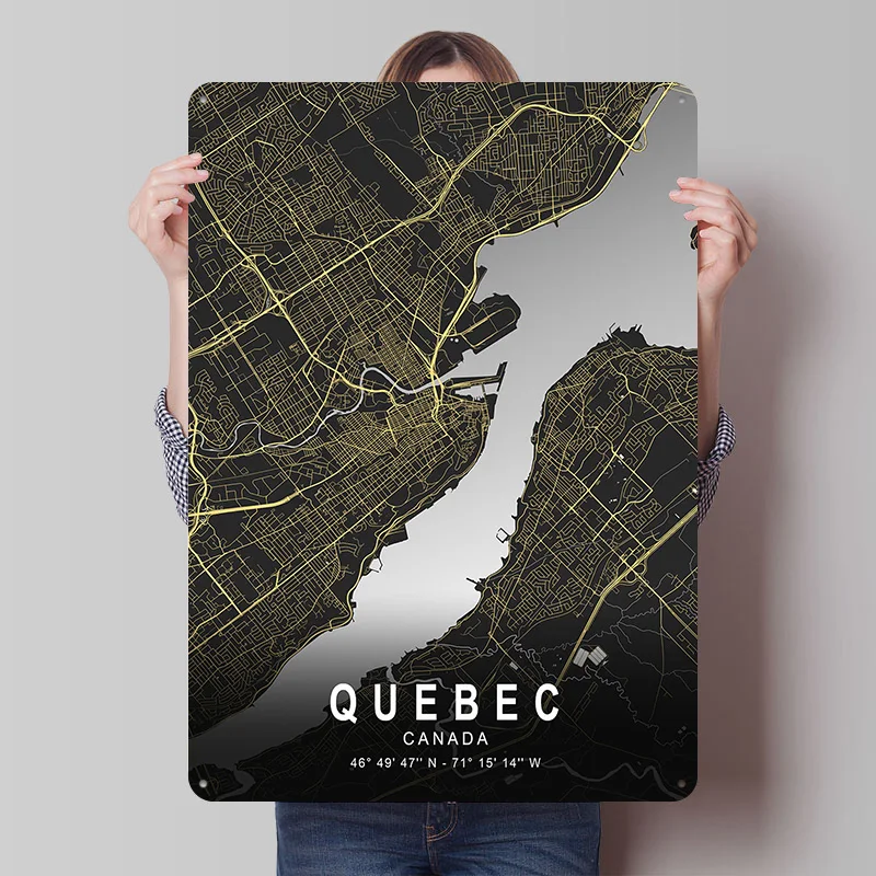 Quebec Silver City Map Printed Poster Customized Retro Wall Art Vintage Metal Tin Signs for Home Bedroom Decoration Gaming House