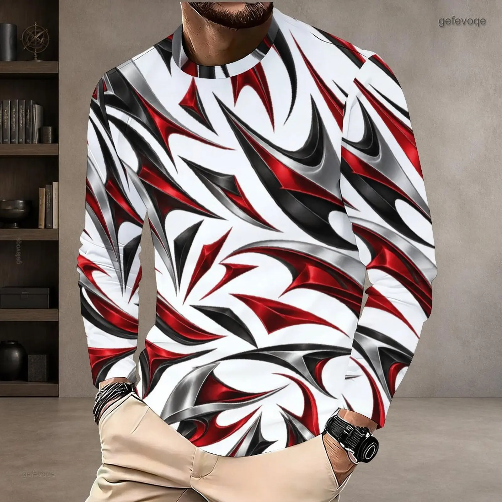 Men Abstract Swirl Geometric Printed Round Neck Long Sleeve T Shirt