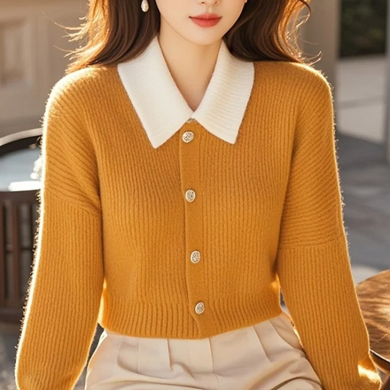 Autumn Winter Chic Patchwork Turn-down Collar Swearers Women's Clothing Loose Soft Casual Knitted Cardigan