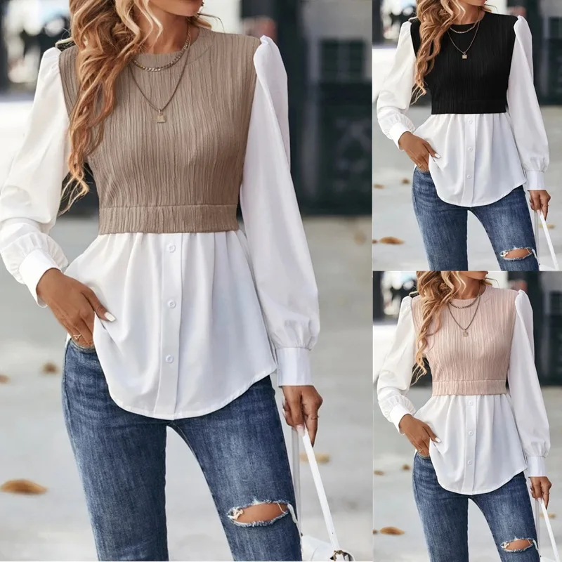 

Autumn New Women White Blouse Casual O-neck Puff Sleeve Wave Strip Splicing Female Fashion Shirt Top Streetwear Women Clothing