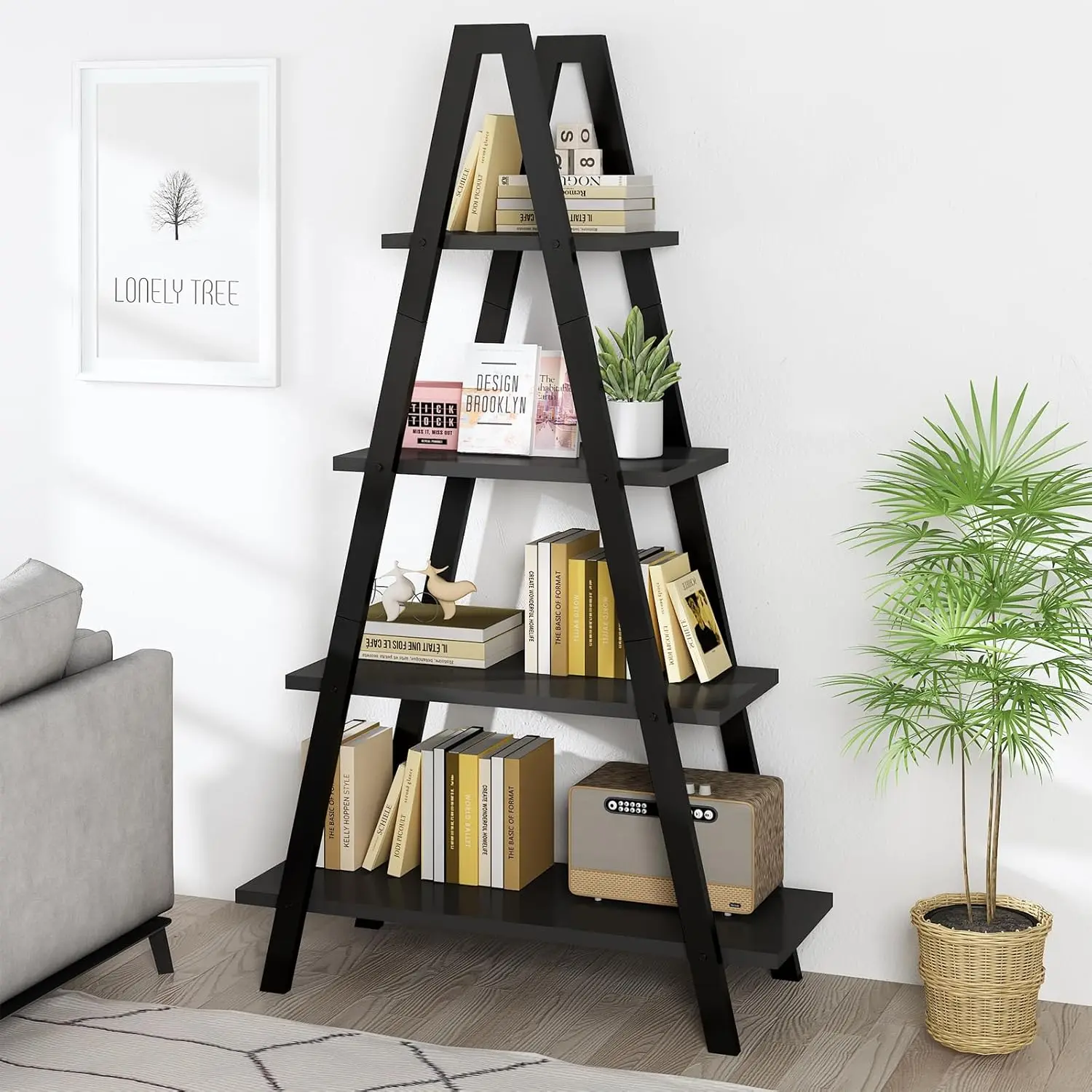 4-Tier Bookshelf, A-Shaped Bookcase Industrial Ladder Shelf Open Display Shelves with Metal Frame, Freestanding Plant Stand