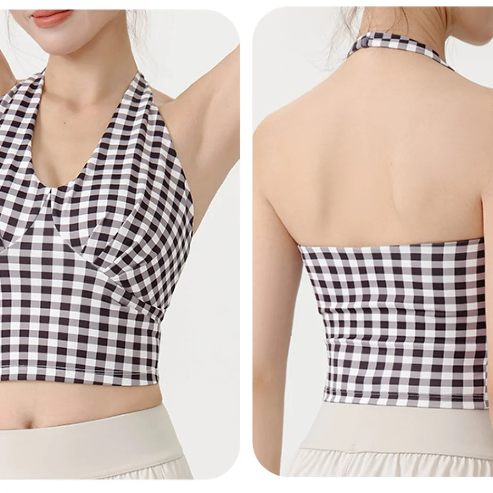 Womens Quick Dry V Neck Plaid Halter Yoga Vest Slim Fit Cropped Sports Tank Top Breathable Fitness Gym Workout Top