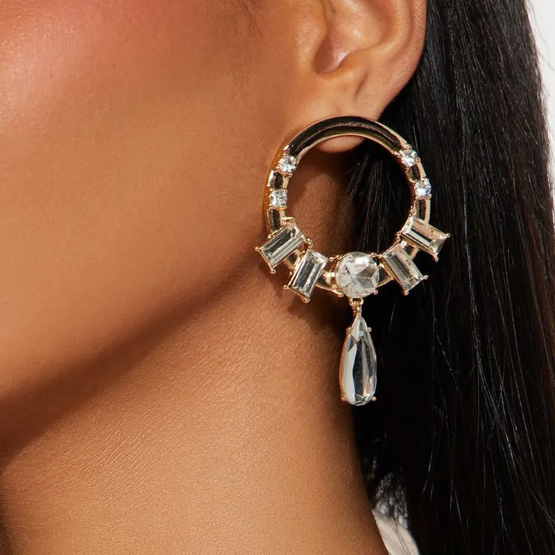 Fashion temperament round rhinestone earrings high sense water drop pendant earrings stage accessories women's earrings