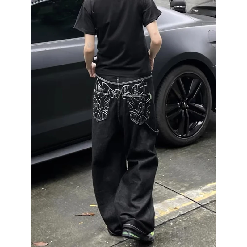 

Vintage Embroidery Black Jeans Women Y2K Streetwear Oversized Wide Leg Denim Pants Summer Grunge Gothic Boyfriend Baggy Trousers