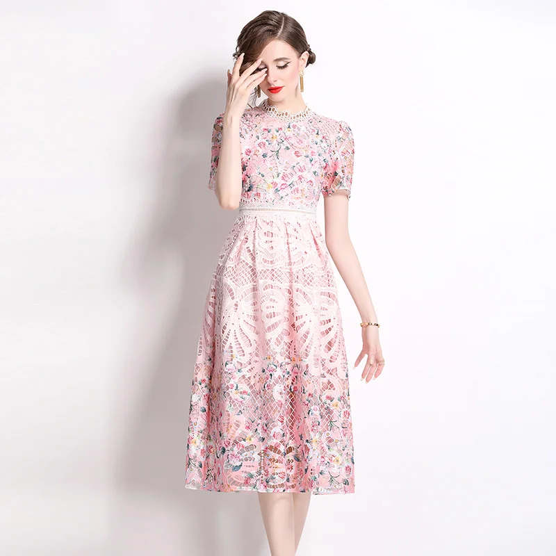 Stylish slimming hollow out water-soluble lace positioning mid length dress YSQ541095