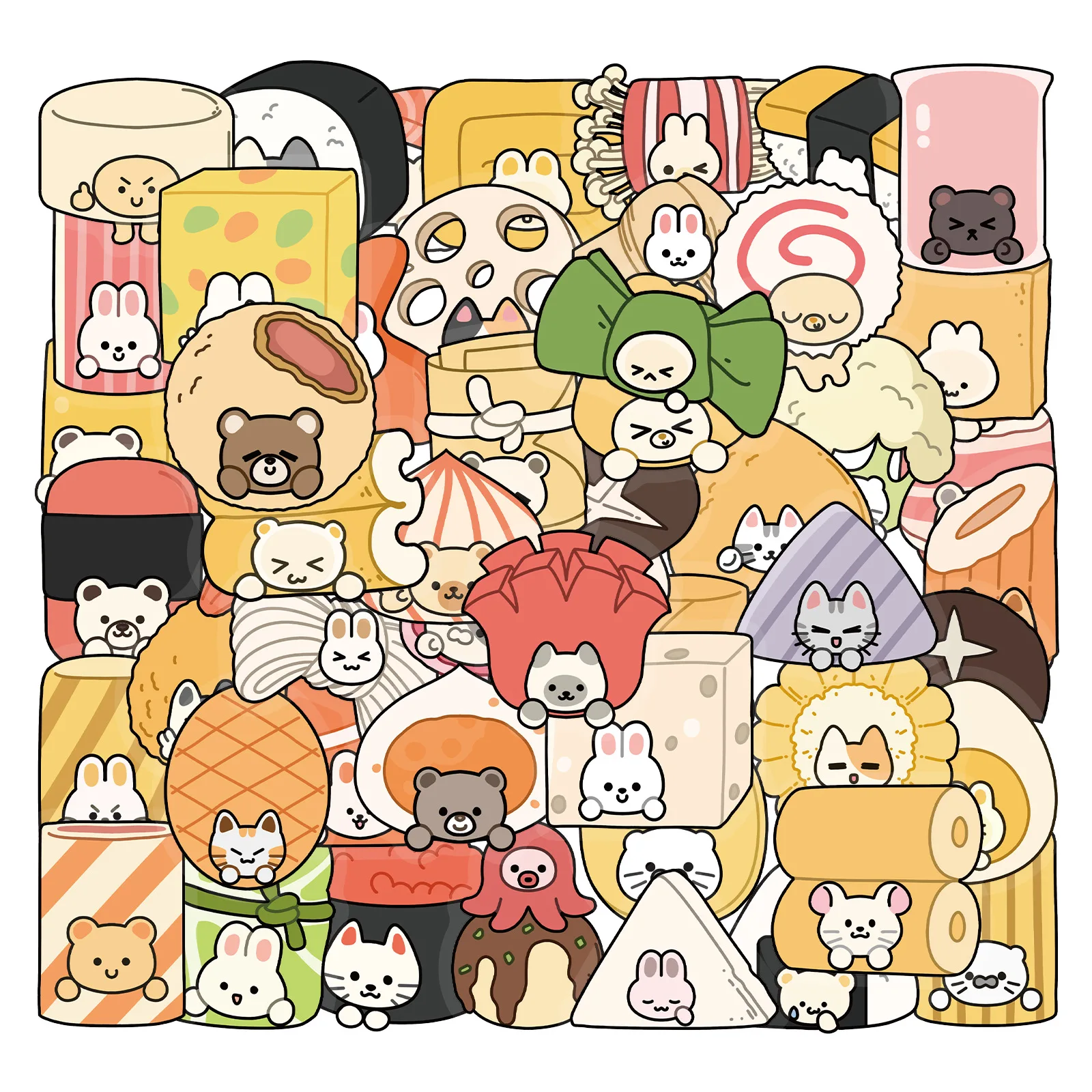 50Pcs Cartoon Japanese Little Animal Food Stickers Pack Waterproof Transparent Sticker Decorate Lunch Box Fridge Decals