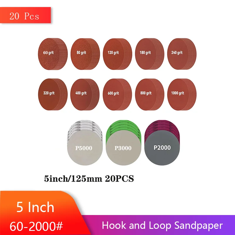 

20 шт. 5-дюймовые шлифовальные диски на липучке 60-2000 различной зернистости из карбида кремния высокой зернистости круглые флокированные шлифовальные абразивные бумаги