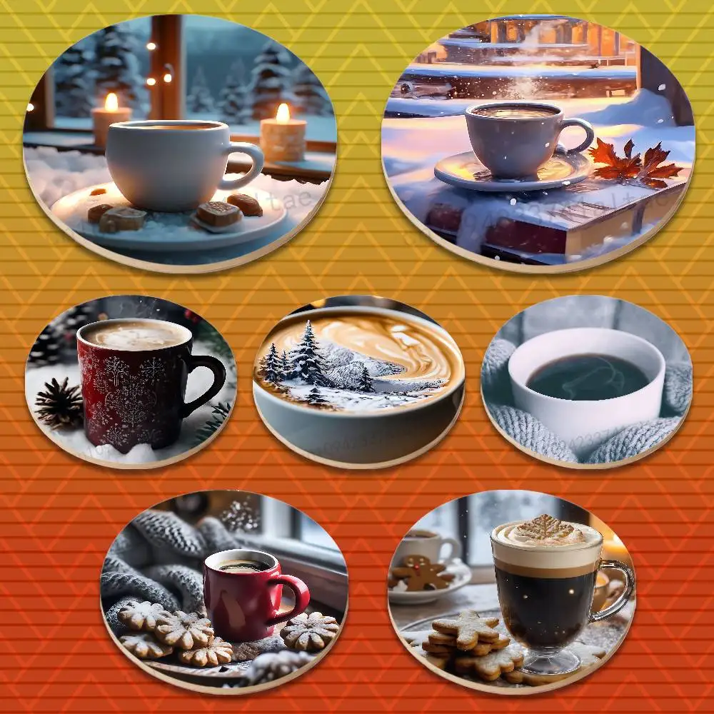 

Winter Christmas Art Coffee Round Wooden Coasters Suitable for Drinks Tea,Coffee for anti-slip decoration in bars and cafes