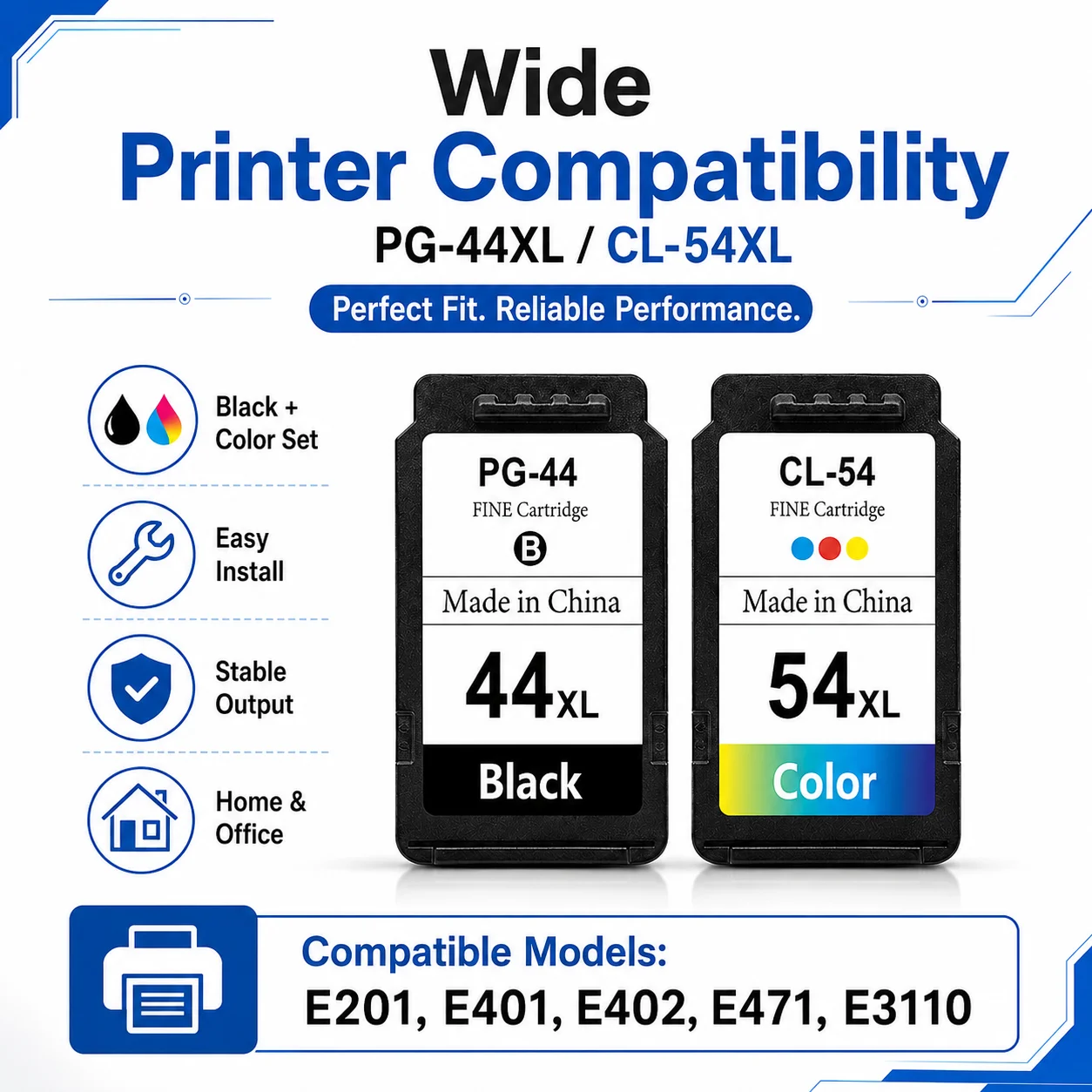PG-44XL CL-54XL Ink Cartridge Combo Compatible for Canon PIXMA E201 E401 E402 E471 E3110 Black Color