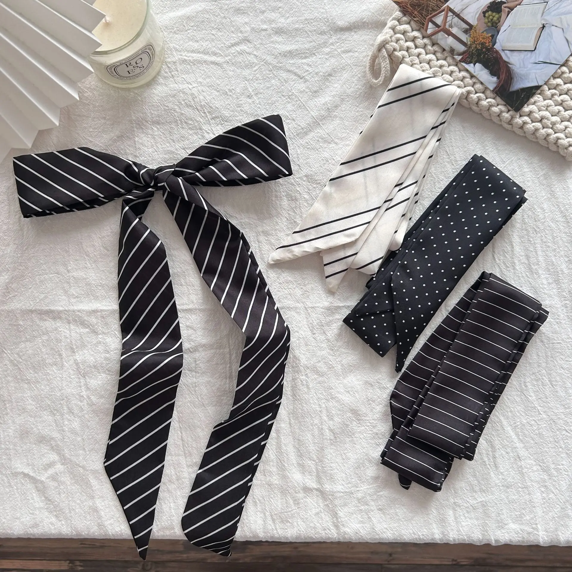Scarf Striped Polka Dot Long Skinny Versatile Lightweight Satin Tie Neck Hair Wrap Bag Gift Women