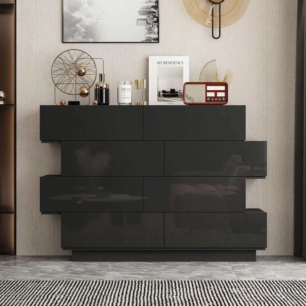 50.6 بوصة. W خزانة مزدوجة ذات 8 أدراج من الخشب الأسود شديد اللمعان، طراز حديث، 16.2 بوصة. د × 39.2 بوصة. ح