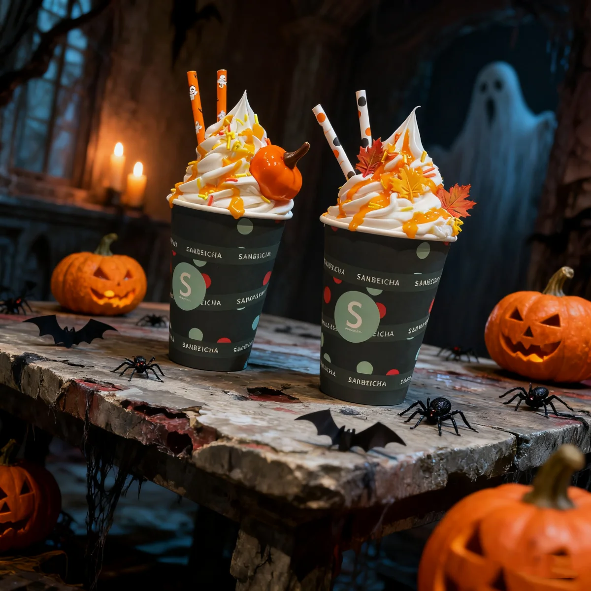 7.8inch Realistic Halloween ice cream sundae prank props, pumpkin and maple leaves suitable for multiple scenes.