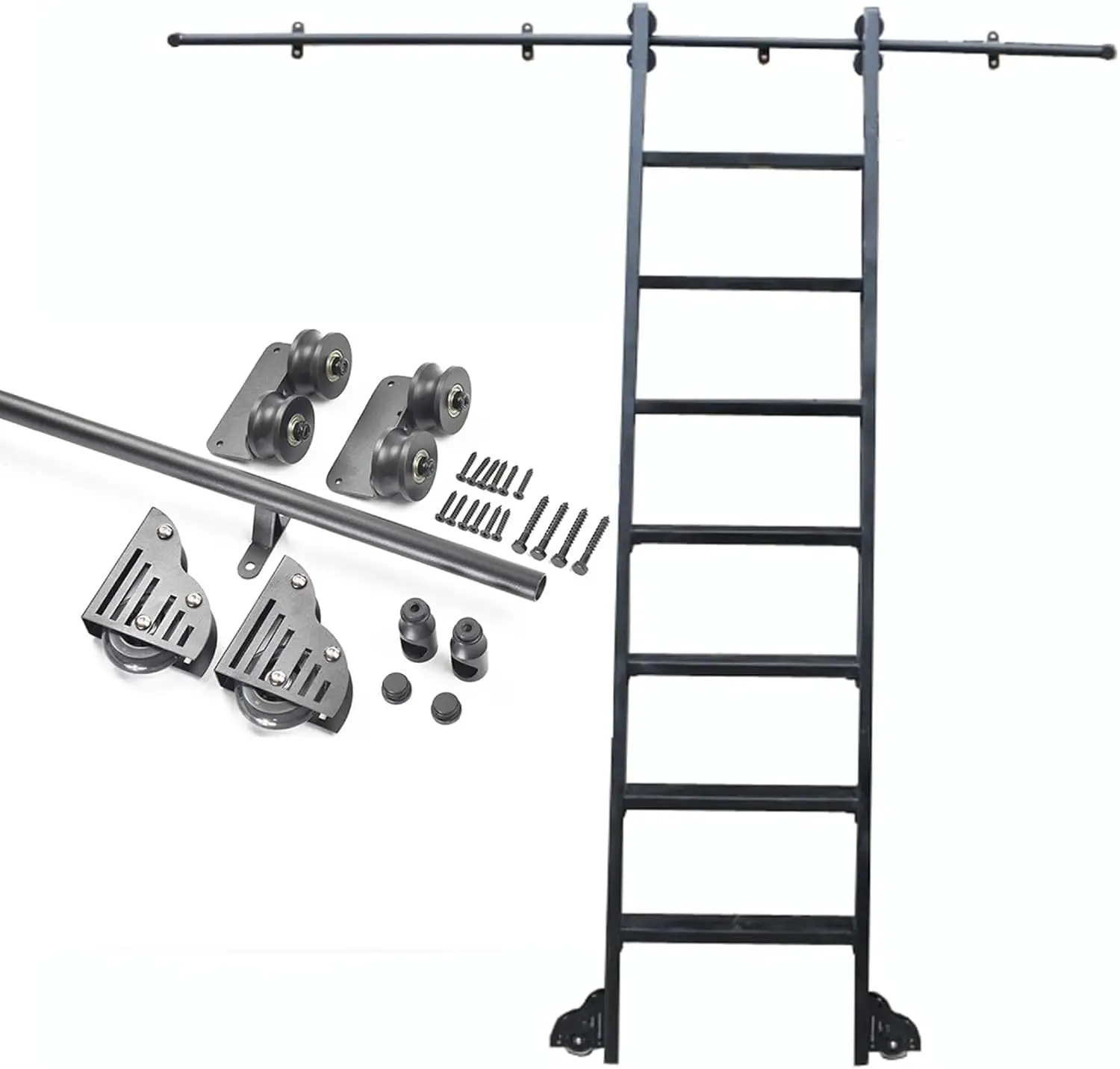 Sliding Barn Door Kit 3.3Ft-20Ft Sliding Library Ladder Hardware Rolling Full Set Track Kit (No Ladder) Round Tube Mobile