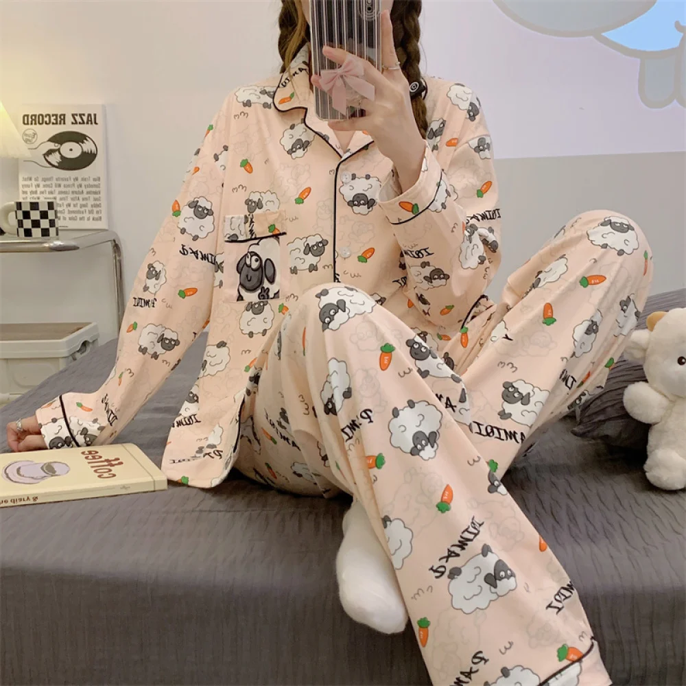 Sweet Cartoon Print Women\'s Pajama Sets Korean Fashion Cute Kawaii Graphic Sleepwear for Sleeping Spring Autumn Women\'s Pajamas