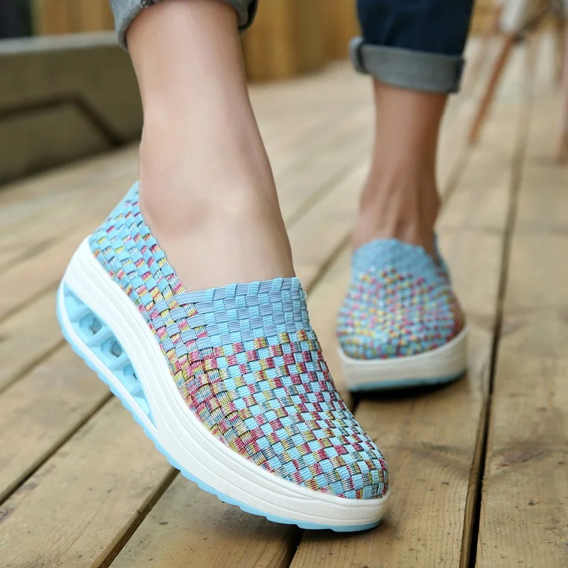 2023 Summer Women Sneakers Fashion Woven Breathable Platform Wedges Shoes Slip on Lightweight Thick Bottom Female Casual Shoes