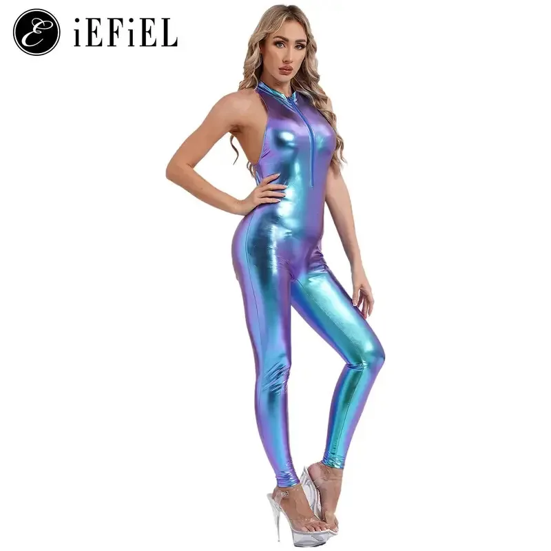 

Женский гимнастический танцевальный купальник металлик для всего тела, длинные комбинезоны с лямкой на шее и вырезом сзади, комбинезон для джаза, диско-клуба, танцевальная одежда