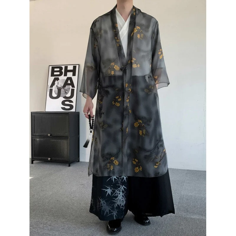 

Elegant Chinese Style Open Cardigan with Plum Blossom Pattern Men's Women's Large Size Sweater Viscose Fiber Summer Shirt