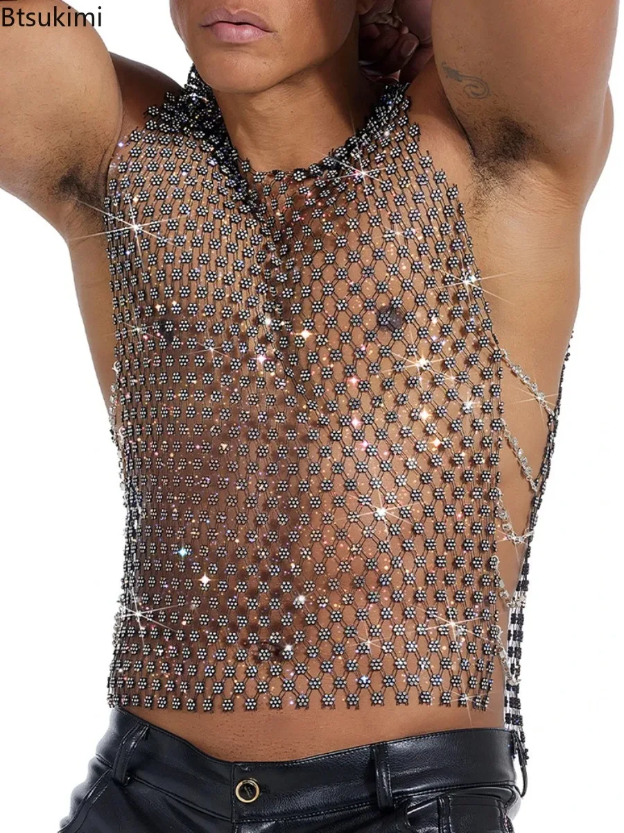 Nuevas Camisetas sin Mangas para Hombre, Estilo Vintage, con Lentejuelas Brillantes, Cuello en V, Transparentes, de Malla, con Aberturas, Tipo Crop Top, para Verano