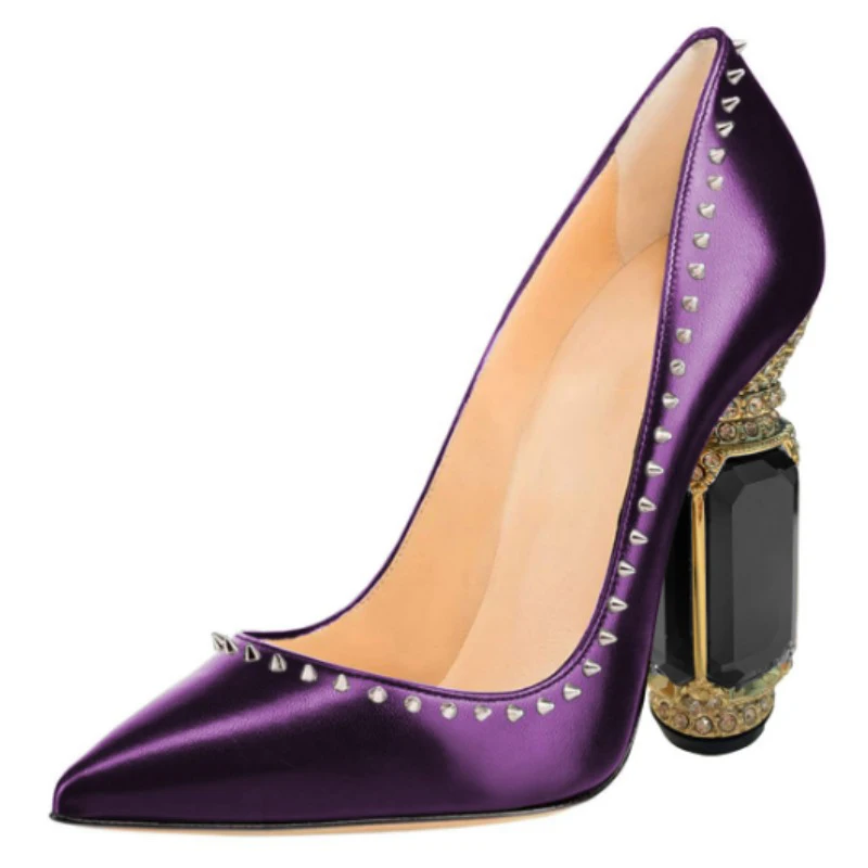

SHOFOO Модные женские туфли на высоком каблуке. Фиолетовые туфли на высоком каблуке с заклепками. Высота каблука около 10,5 см. Хрустальный каблук. Туфли с острым носком. 34-46