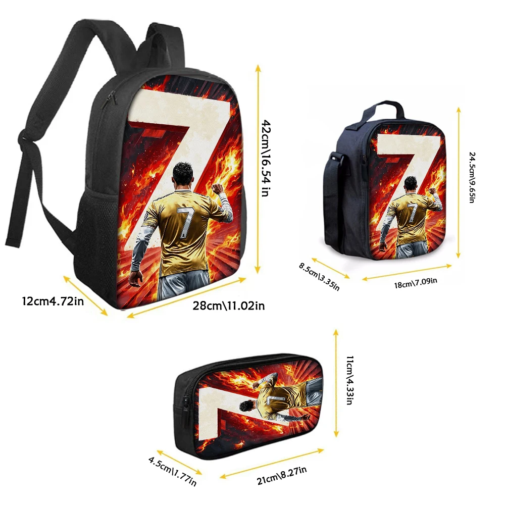 3pcs Football Flame Print Backpack Lightweight Daily Large Capacity School Bag Travel Bag with Shoulder Bag Pencil Bag Gift
