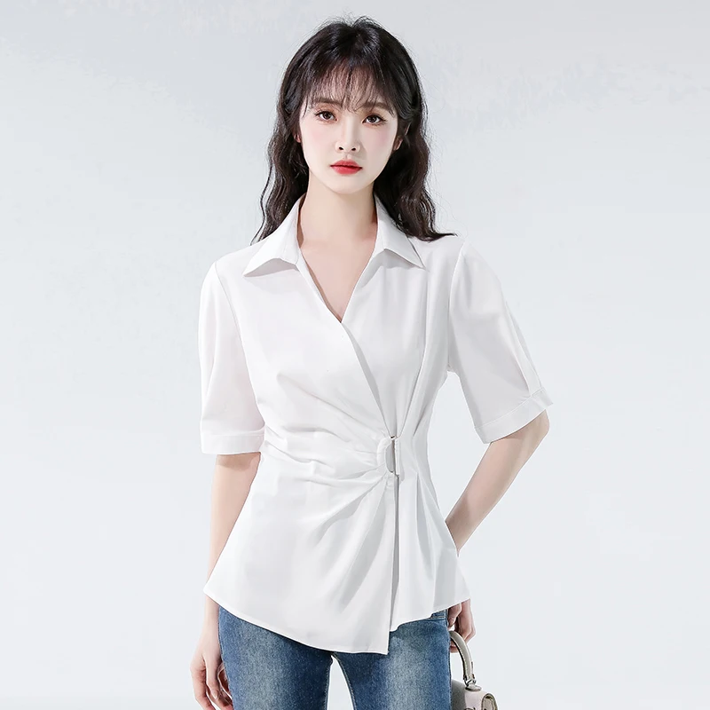 

Ladies Summer Shirts And Blouses Short Sleeve Drawstring Waist Slim Woman Tops Casual Korean Fashion Clothes New 2025