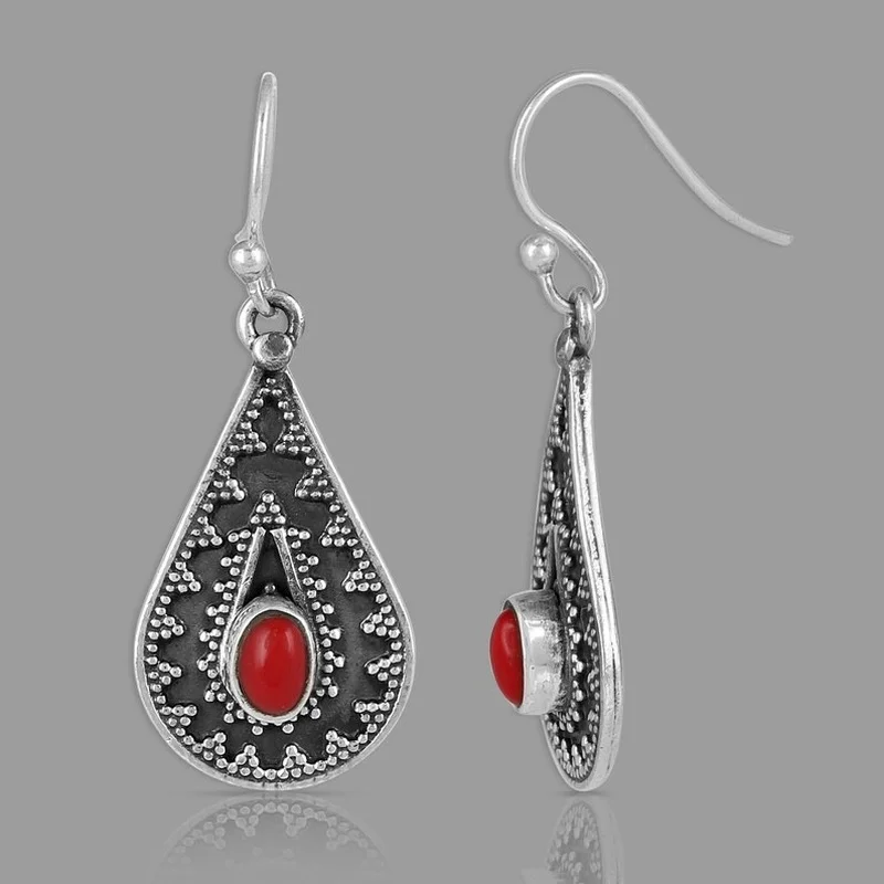 Ethnic Inlay Oval Red Stone Earrings Metal Silver Color Carving Retro Pattern Drop Dangle Earrings for Women Jewelry