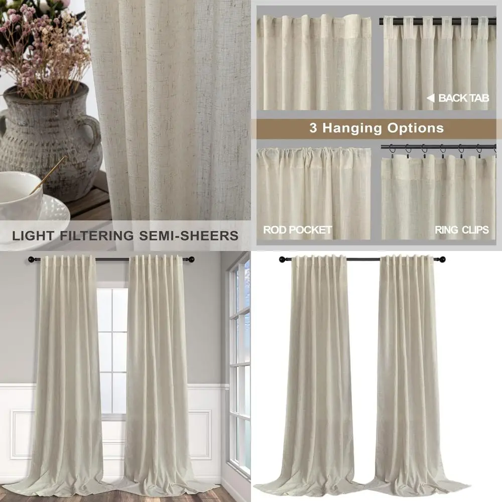 ستائر شفافة من الكتان مقاس 52 × 94 لغرفة المعيشة، تصفية الضوء، لوحتين، بيج، مناسبة لأبواب الفناء ونوافذ الخليج