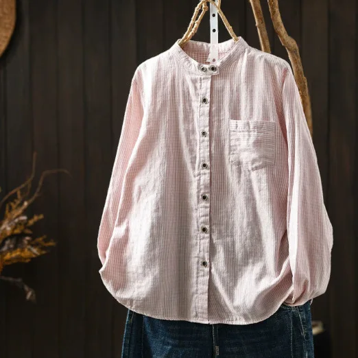 Women Autumn New Japan Style Vintage Striped Cotton Shirts Mori Girl Stand Collar Long Sleeve Casual Loose Blouse Tops