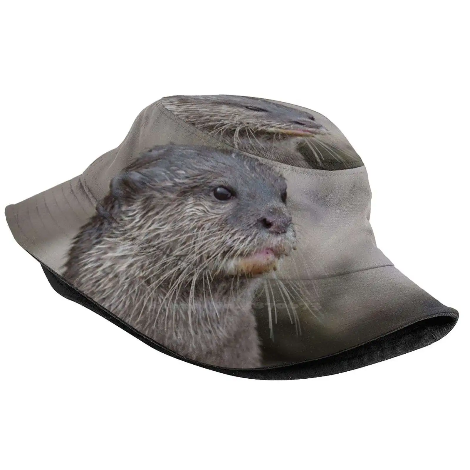 Small Clawed Otter. Korean Ladies Outdoor Sun Hat Bucket Cap Small Clawed Otter Wet Looking Standing Observing Brown River