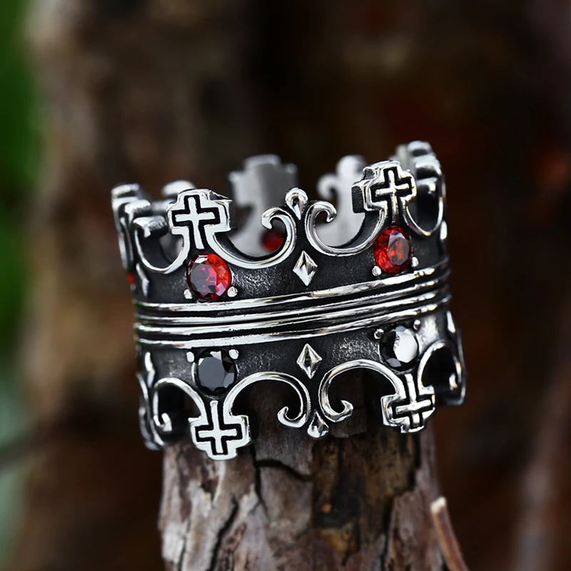 BEIER  New Vintage Northern Europe Stainless Steel crown Ring black/red colour Stone Fashion Retro Cool Jewelry BR8-1140