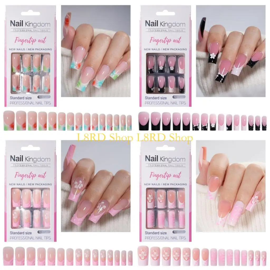 

L8RD Long Square French Tip Press On 30 Pieces Glossy Artificial False Accesories For Any Occasion