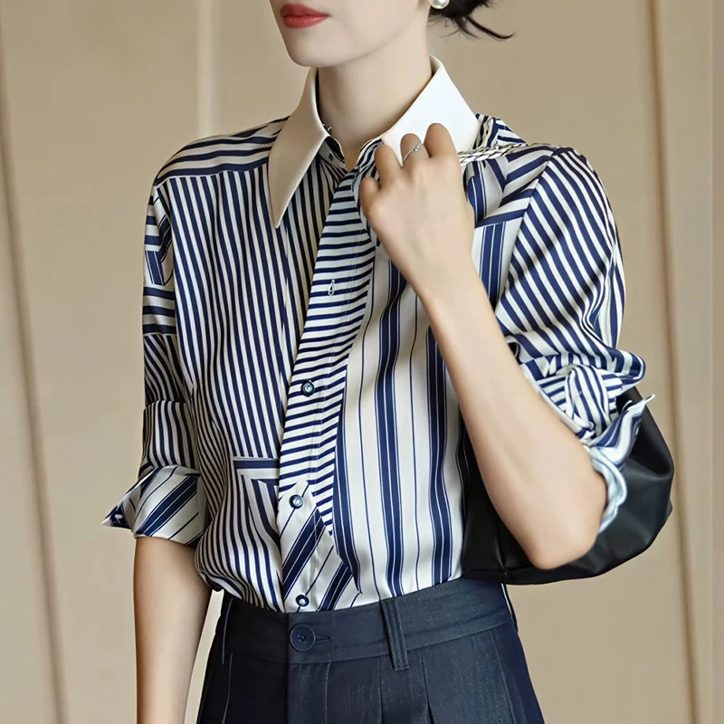 

Casual Women's Blouses Striped Vintage Tops Fashion Loose Spring/autumn Korean Clothing Long Sleeved Chiffon Women Shirts