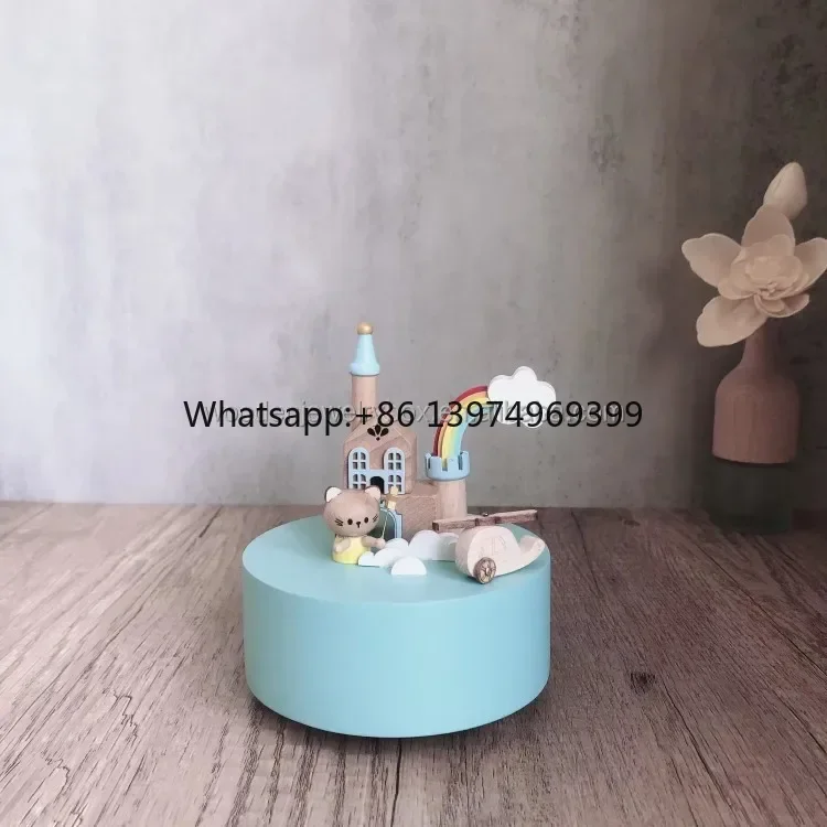 Colorful Wooden Animals Music Box 30-Second Sound Hand-cranked Wooden Round Music Box for Home Decoration Christmas Gifts factor