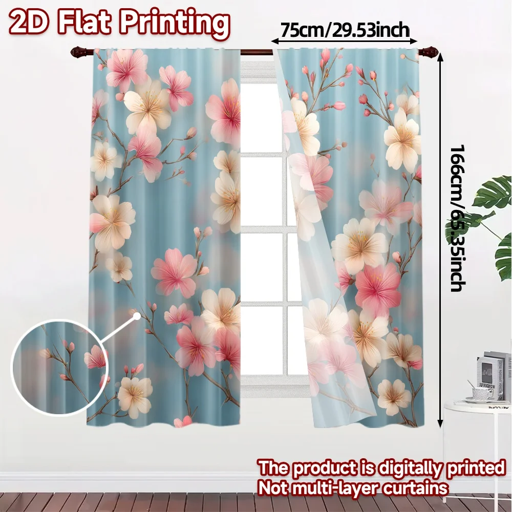 2pcs,Curtains Cherry Blossoms on Blue Popular Creative Curtains Durable 100% Polyester Fabric Curtains Versatile All Decorative