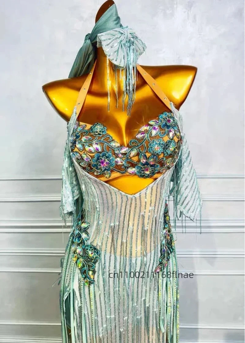 Sexy Women's Belly Dance Costume Oriental Long Dress with Sequins Bras Skirt Set for Stage Performance Party