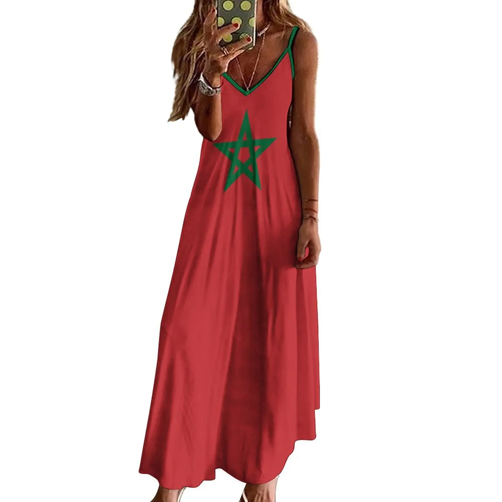 Long Dresses Dress Morocco Flag Print New Casual Sleeveless Women\'s V-Neck Printed Dress Swing Retro Dresses