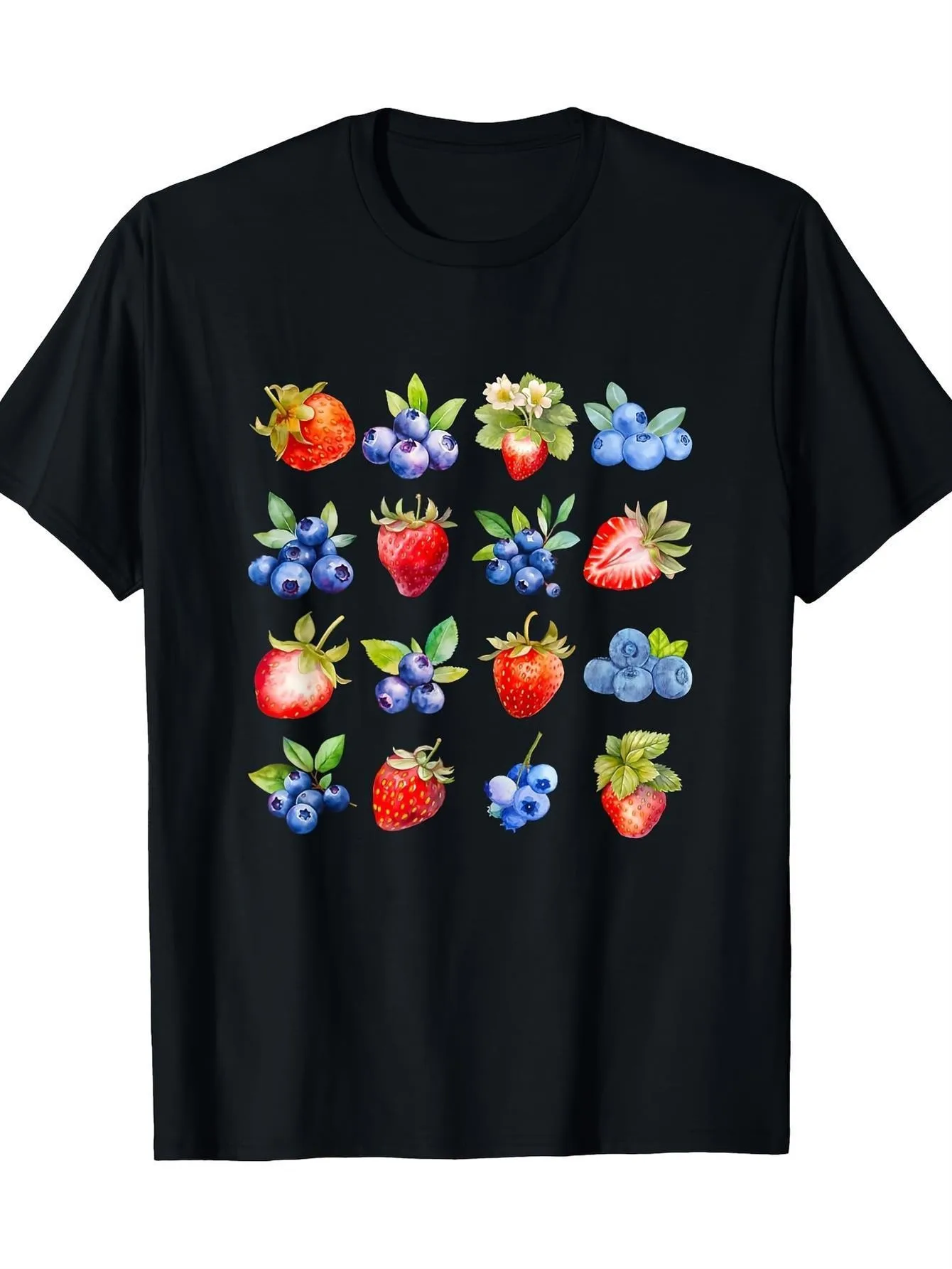 

Men's Classic Crew Neck T-Shirt with Strawberry and Blueberry Pattern, Soft, Everyday Short-Sleeve, Breathable Casual Top Suitable for Parties and Daily Wear, Adult Men's Clothing with Fun Prints, Comfortable Style