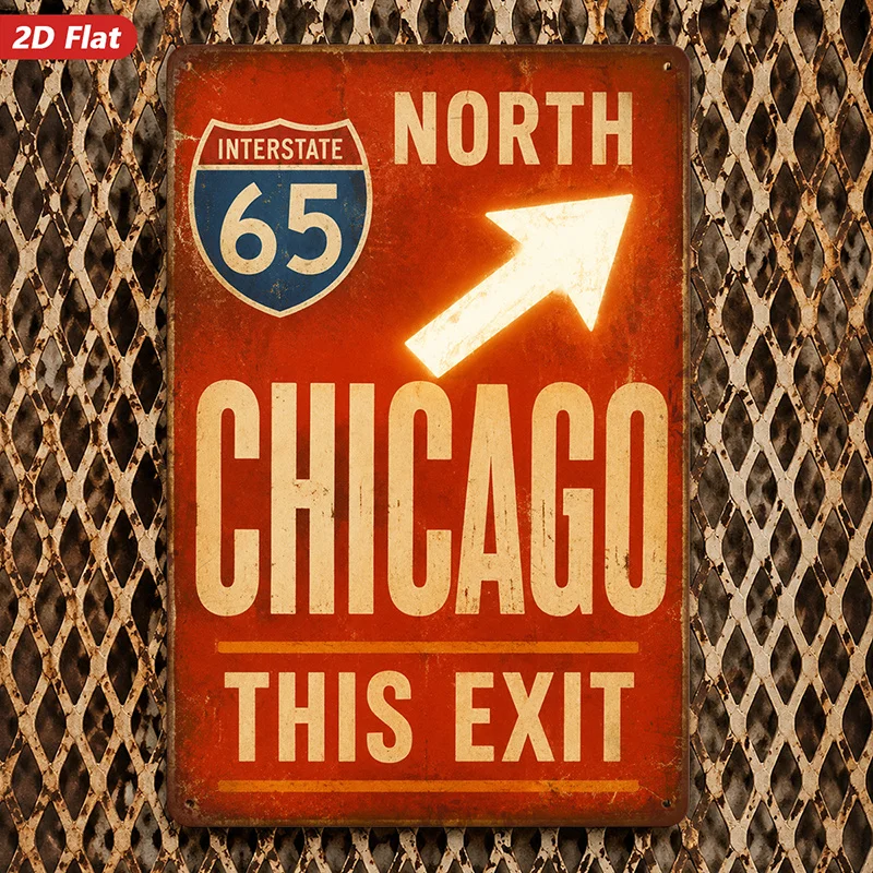 2D Flat 1pc Wall Art Sign Vintage Road Sign - Interstate 65 Northbound to Chicago Exit Vintage Style Industrial Design Home