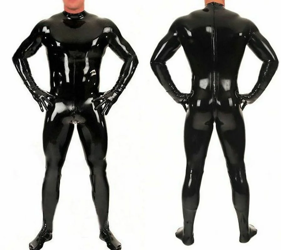 

Handmade Male Black Bodysuit Latex Rubber Tights Catsuit with Back Crotch Zipper Custom Made Jumpsuit Men Cosplay Costumes