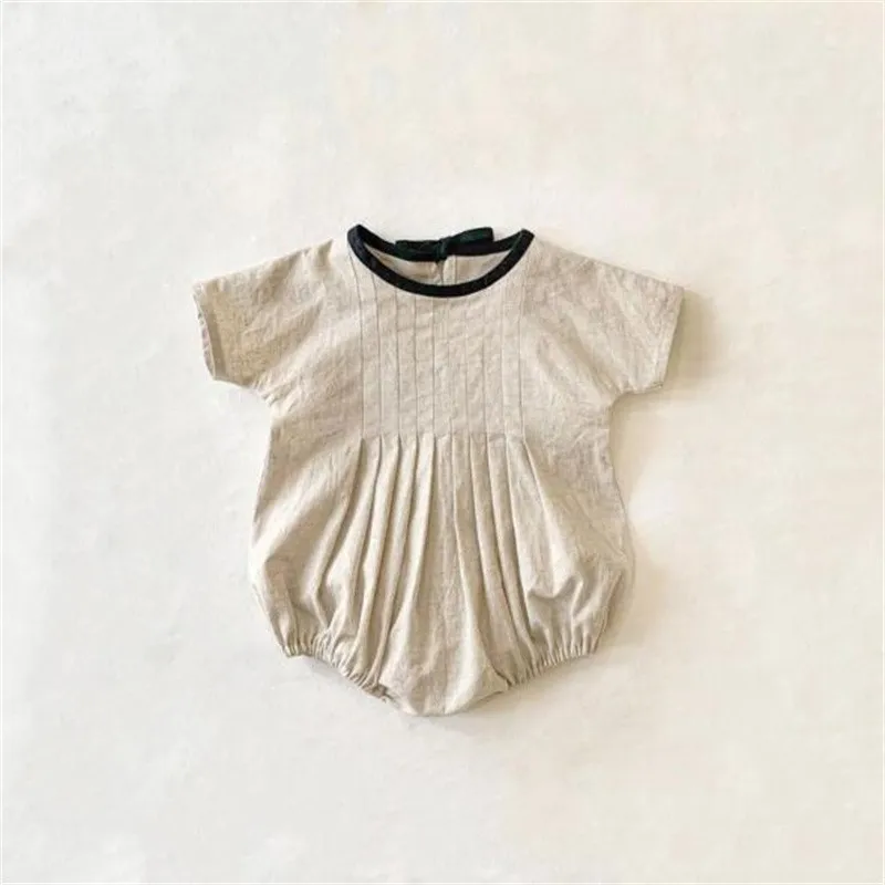 2024 Newborn Baby Girl Summer Fashion Bowknot Bodysuit Toddler Boy Solid Cotton Linen Jumpsuit One Piece Infant Outfits